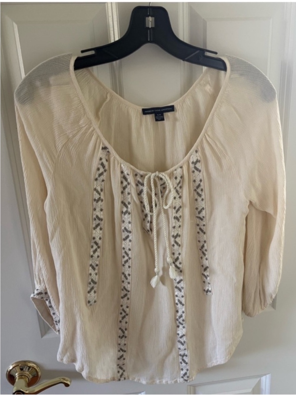 Vintage American Eagle Outfitters Cream Embroidered Peasant Blouse
